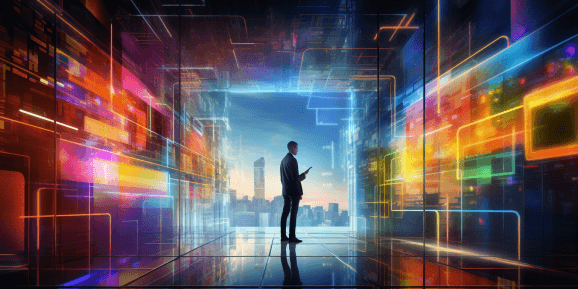 Business person standing in glowing doorway. Concept of technology regulations and standards for businesses