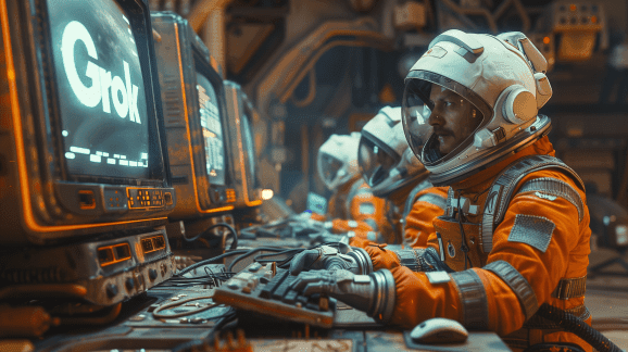 Astronauts in orange and white suits sit at vintage PCs displaying Grok in glowing white text on black background